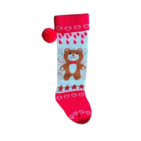 Vintage Style Knit Holiday Stocking With Teddy Bear Candy Cane Pom Pom Christmas - Picture 2 of 3